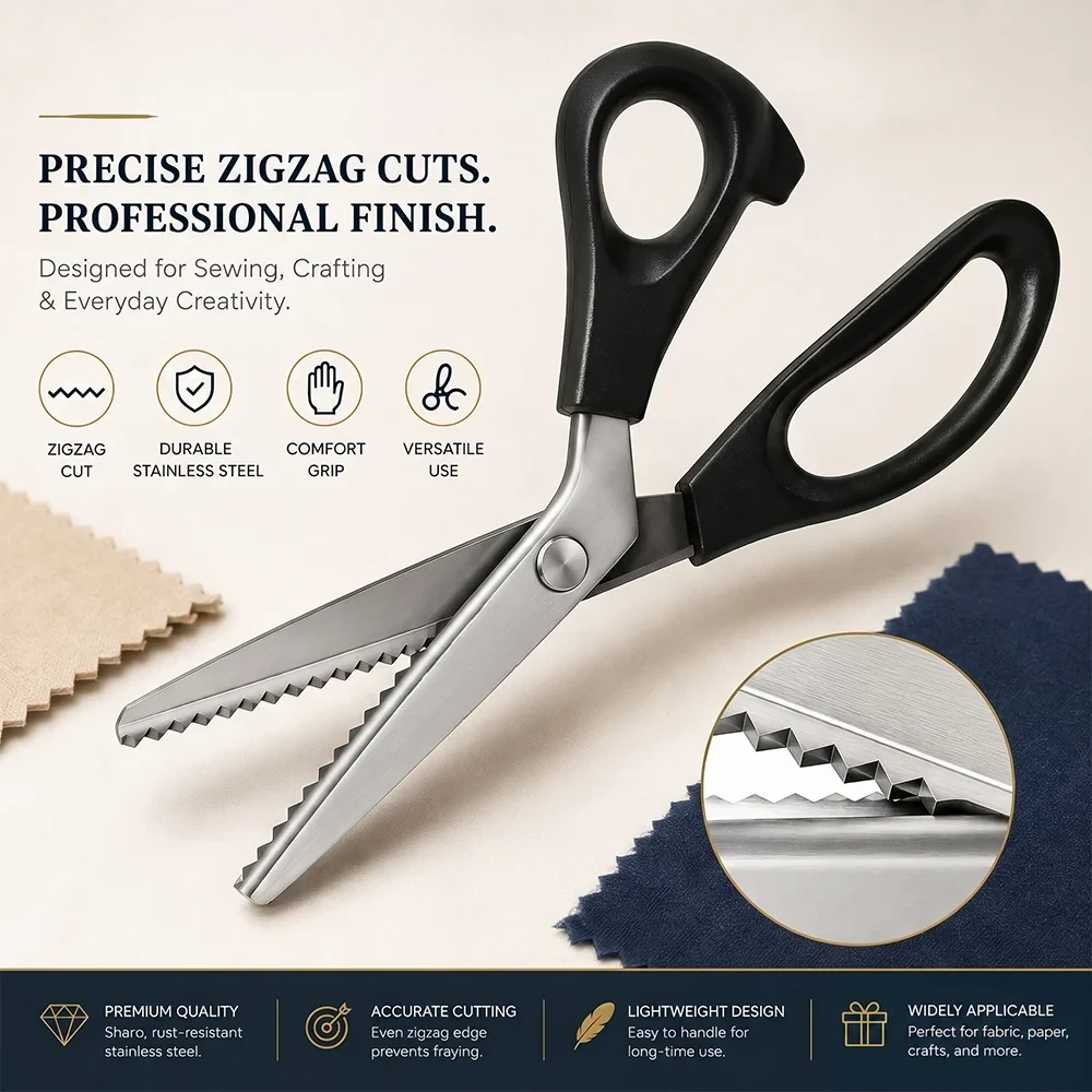 ✂️Saks i rustfritt stål med takkesnitt – 9,1" saks med sikksakk-blad til sying, quilting, klesproduksjon og DIY-håndverk