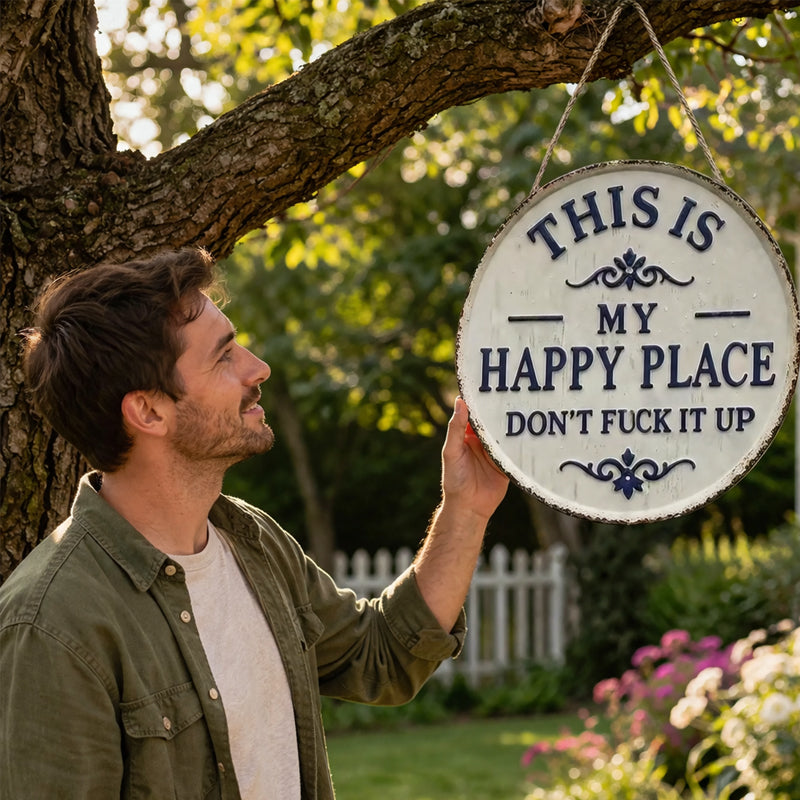 ✨Happy Place – Vintage metallskilt med slagkraftig budskap