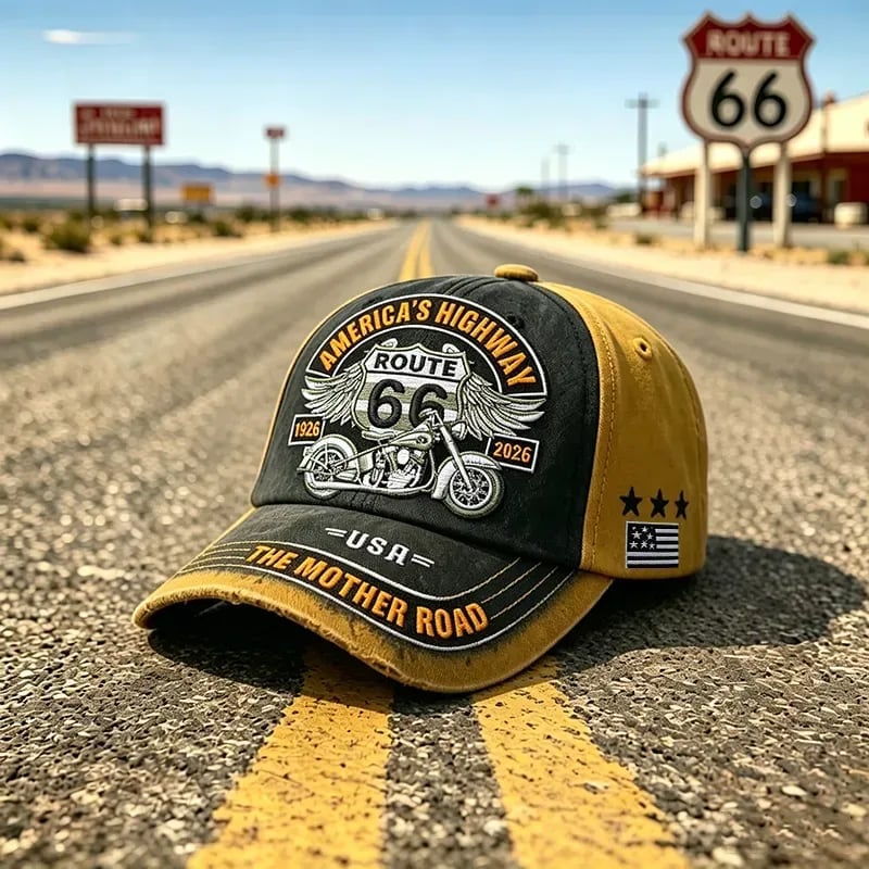 🏍️Uformell baseballcap med retromotiv fra US Route 66 i anledning 100-årsjubileet