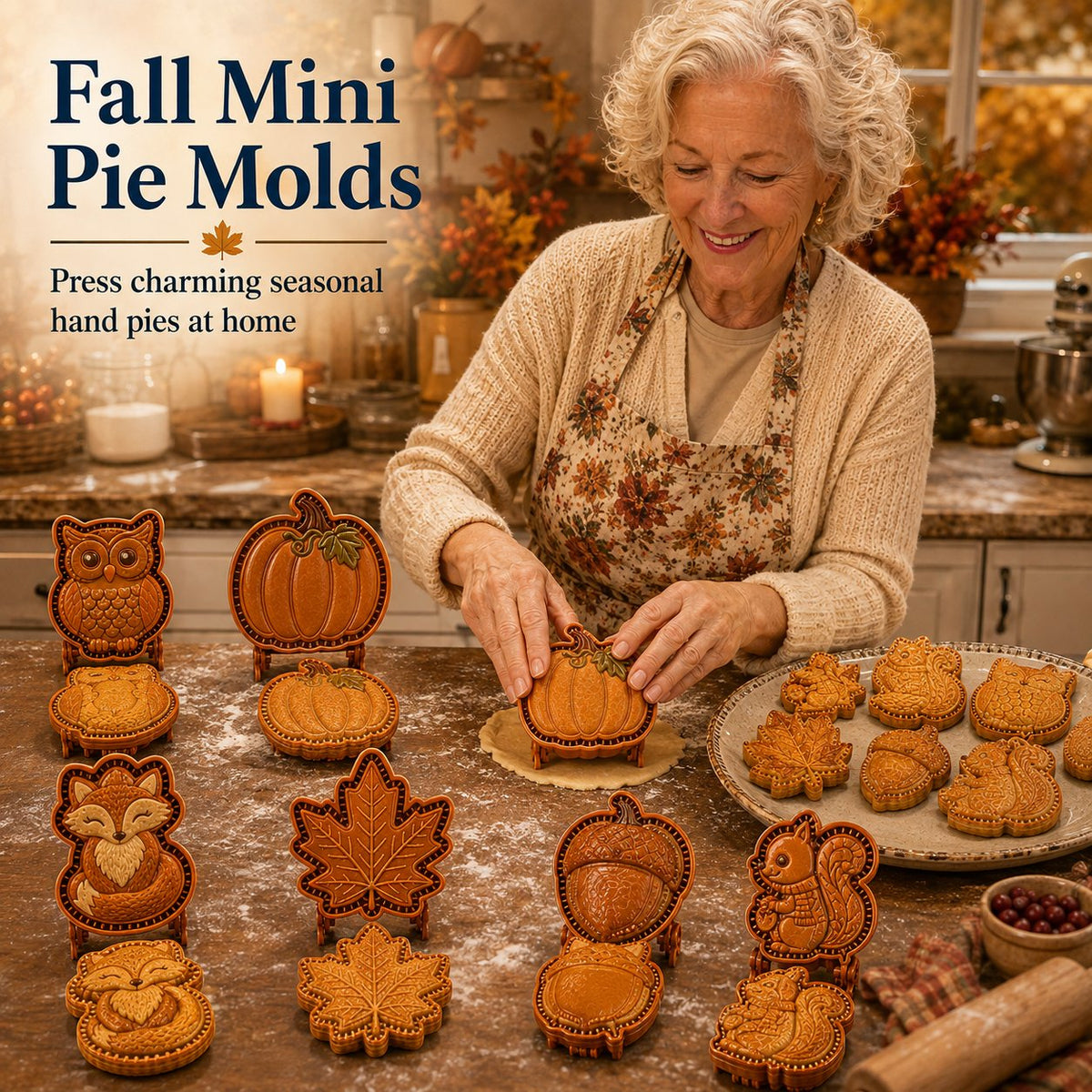 🍂 Samling med 8 høstformede minipai-former | Gjenbrukbare, pregede former for å lage detaljerte figurer av ugler, rever, kalkuner, gresskar, eikenøtter og mer 🥧✨