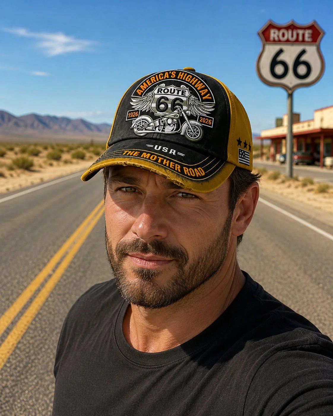 🏍️Uformell baseballcap med retromotiv fra US Route 66 i anledning 100-årsjubileet