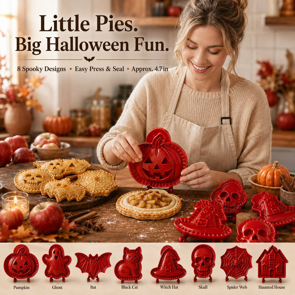🎃 8-delers sett med mini-former til håndpai til Halloween