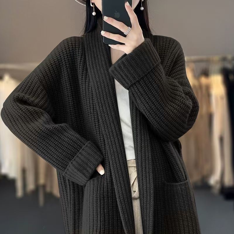 (Gratis frakt)Strikket ullcardigan med lommer