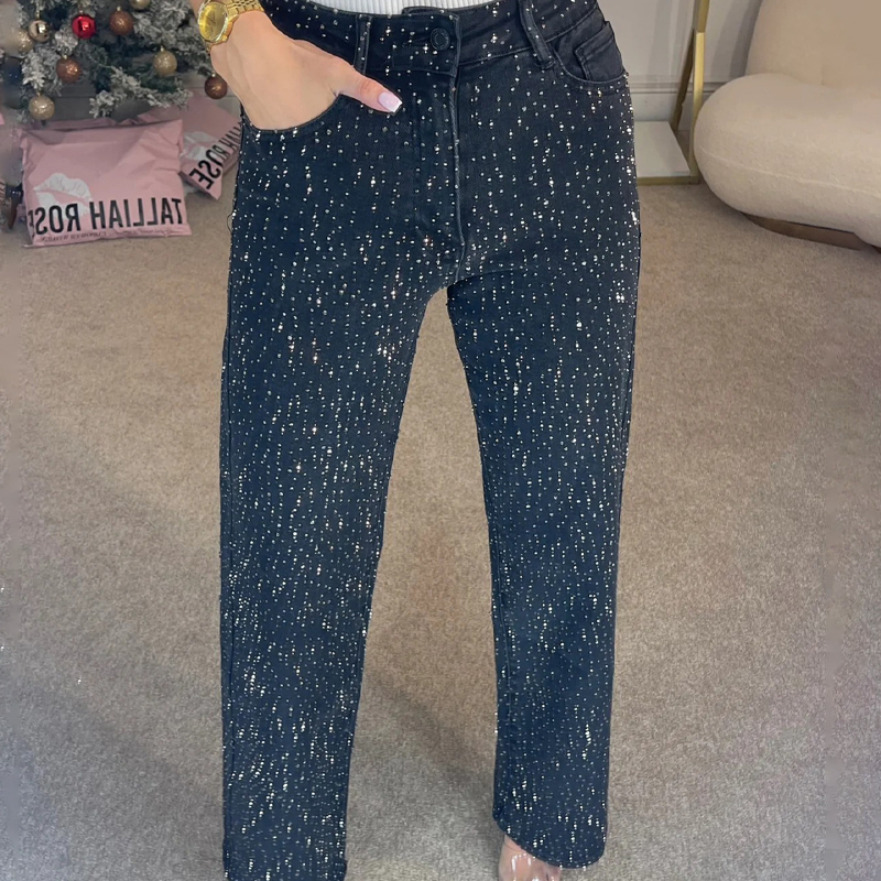 (Gratis frakt)✨Jeans med rette ben og strass