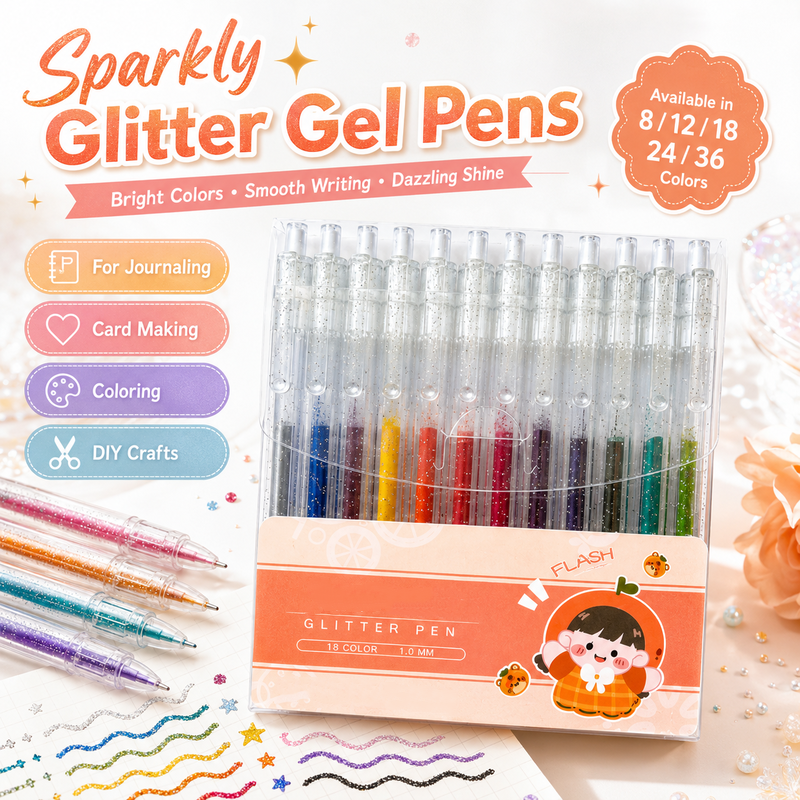 🌈Sett med uttrekkbare glittergelpenner til dagbokskriving og tegning