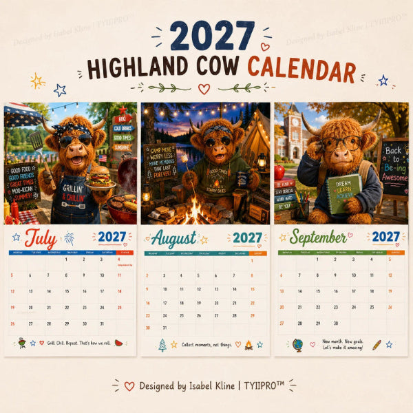 2027 Morsom veggkalender med høylandskyr, A4-format
