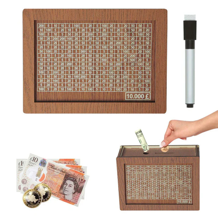 Elegant sparebøsse i tre med sparemål ✨ Motiverende sparebøsse for store og små 💰