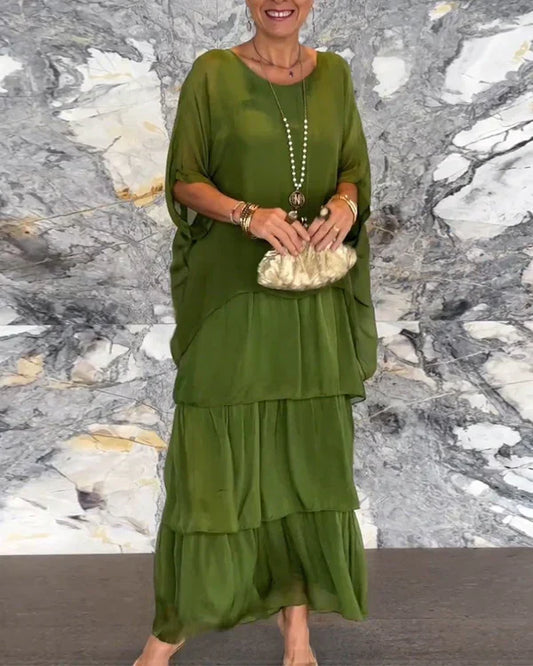 Kunstnerisk løs kjole/ Chiffon ermeløs Dolman-ermet lang kjole med rund hals