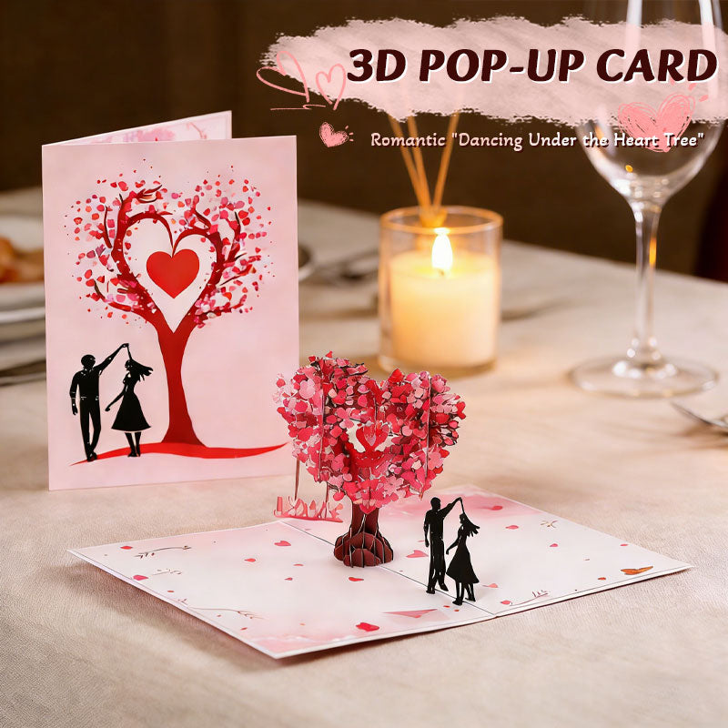 Romantisk 3D-hilsenskort med «Dansende under hjertetreet»