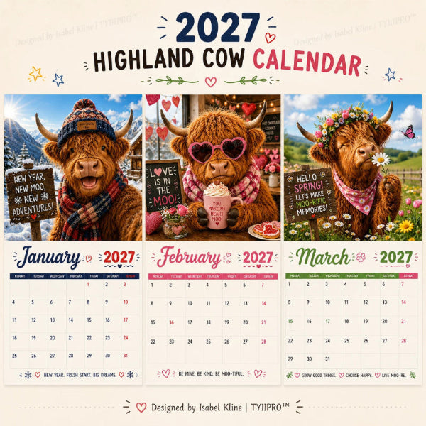 2027 Morsom veggkalender med høylandskyr, A4-format
