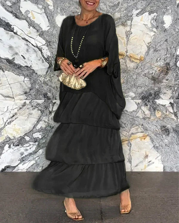 Kunstnerisk løs kjole/ Chiffon ermeløs Dolman-ermet lang kjole med rund hals