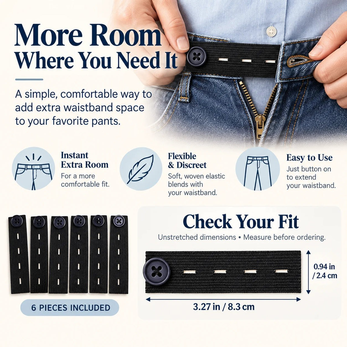 👖 Knapper til forlengelse av elastisk linning – Justerbar komfort, sett med 6 stk.