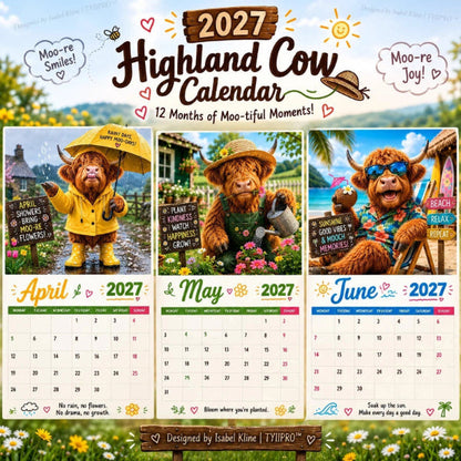 2027 Morsom veggkalender med høylandskyr, A4-format