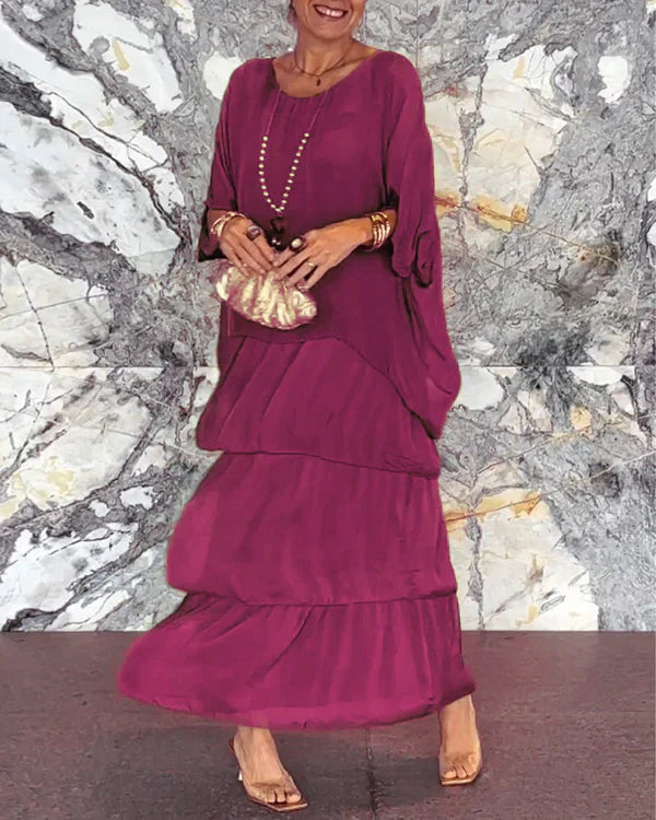 Kunstnerisk løs kjole/ Chiffon ermeløs Dolman-ermet lang kjole med rund hals