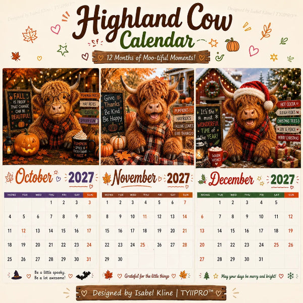 2027 Morsom veggkalender med høylandskyr, A4-format