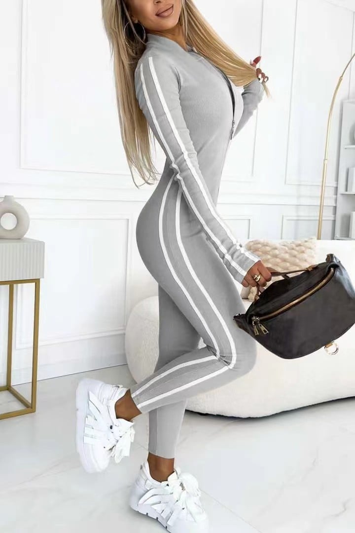 {Gratis Frakt}Slim Fit Side Web Jumpsuit Med Halv Glidelås For Kvinner