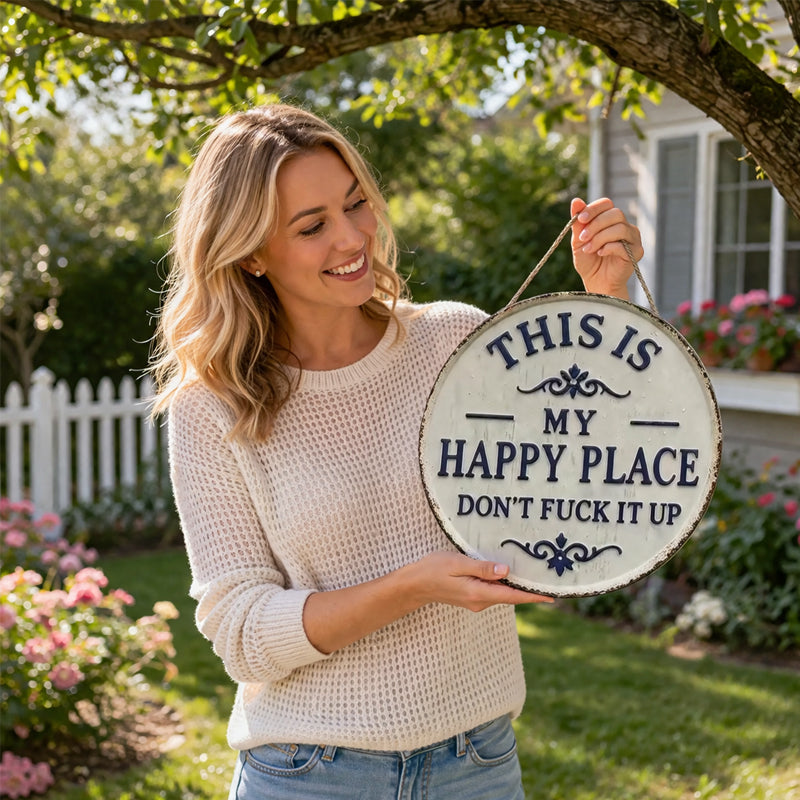 ✨Happy Place – Vintage metallskilt med slagkraftig budskap