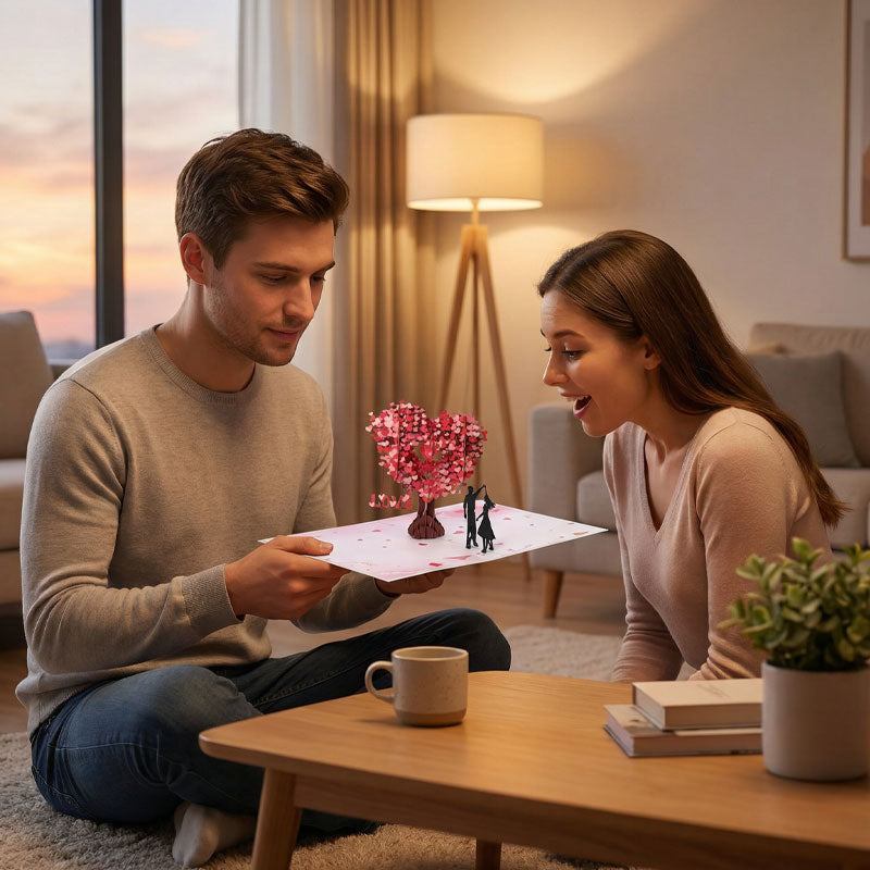 Romantisk 3D-hilsenskort med «Dansende under hjertetreet»