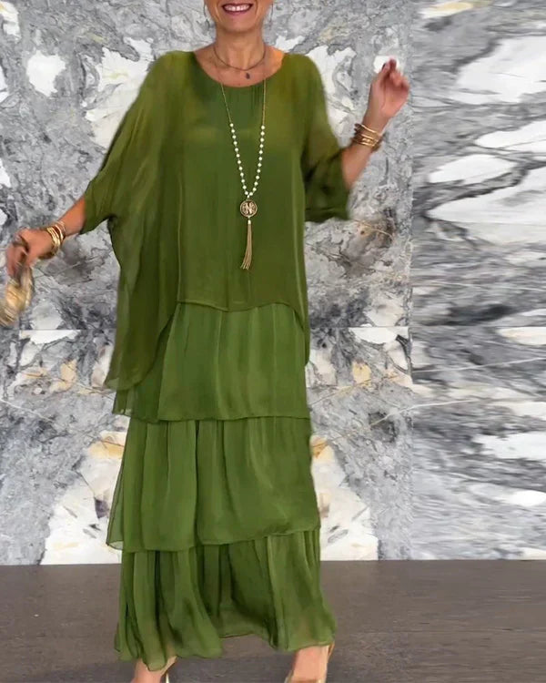 Kunstnerisk løs kjole/ Chiffon ermeløs Dolman-ermet lang kjole med rund hals