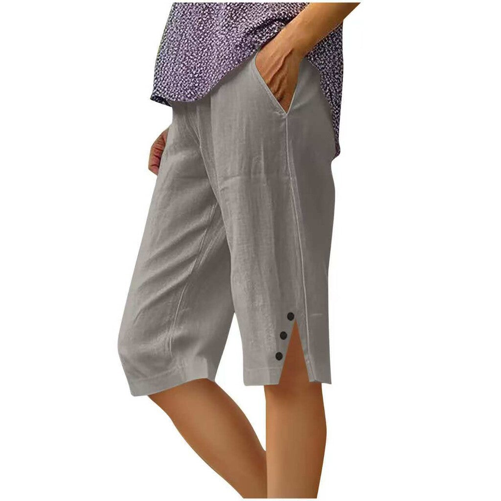 📢50 % rabatt i en begrenset periode👖Casual capribukser i ensfarget stoff med lommer for damer