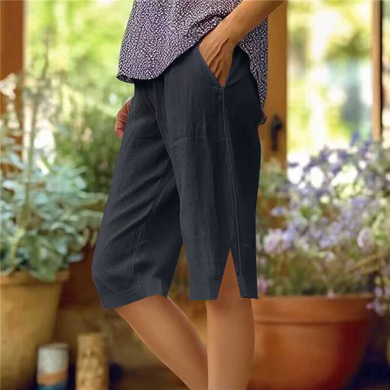 📢50 % rabatt i en begrenset periode👖Casual capribukser i ensfarget stoff med lommer for damer
