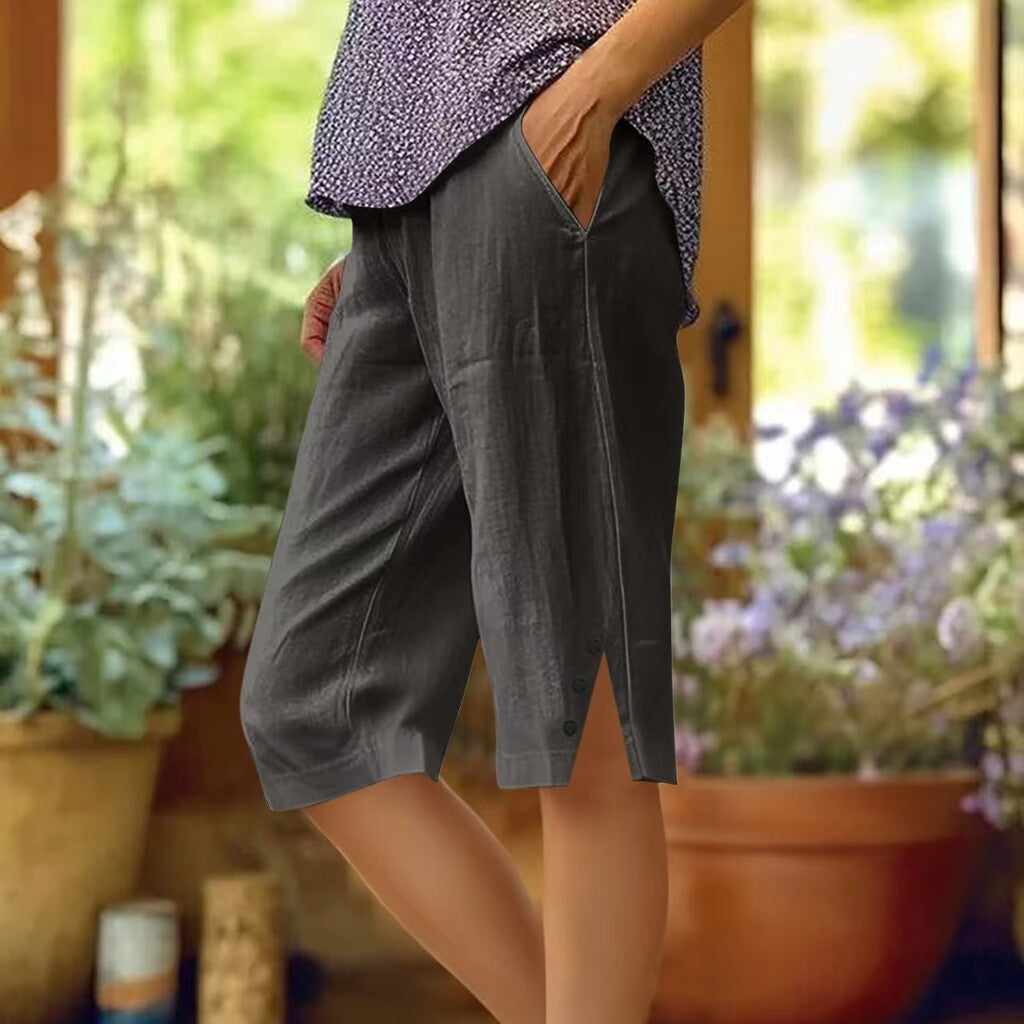 📢50 % rabatt i en begrenset periode👖Casual capribukser i ensfarget stoff med lommer for damer