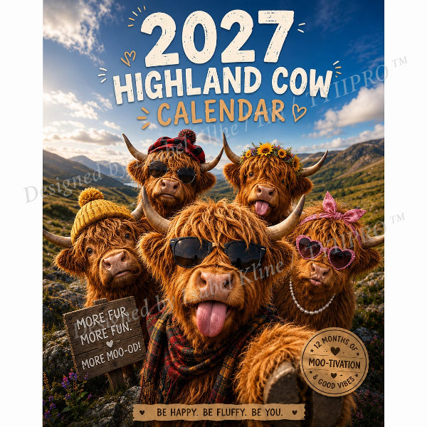 2027 Morsom veggkalender med høylandskyr, A4-format