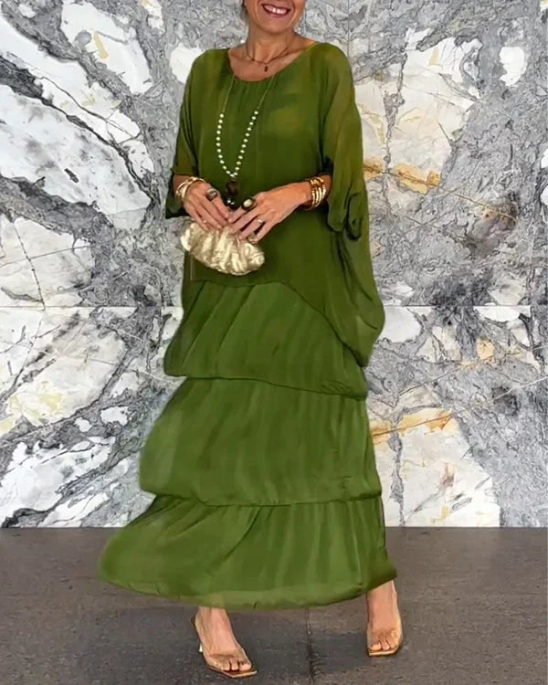 Kunstnerisk løs kjole/ Chiffon ermeløs Dolman-ermet lang kjole med rund hals