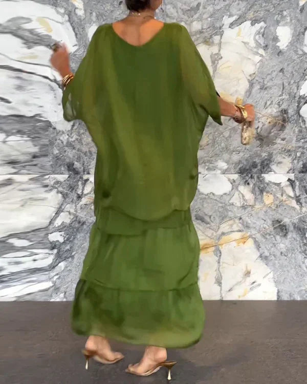 Kunstnerisk løs kjole/ Chiffon ermeløs Dolman-ermet lang kjole med rund hals