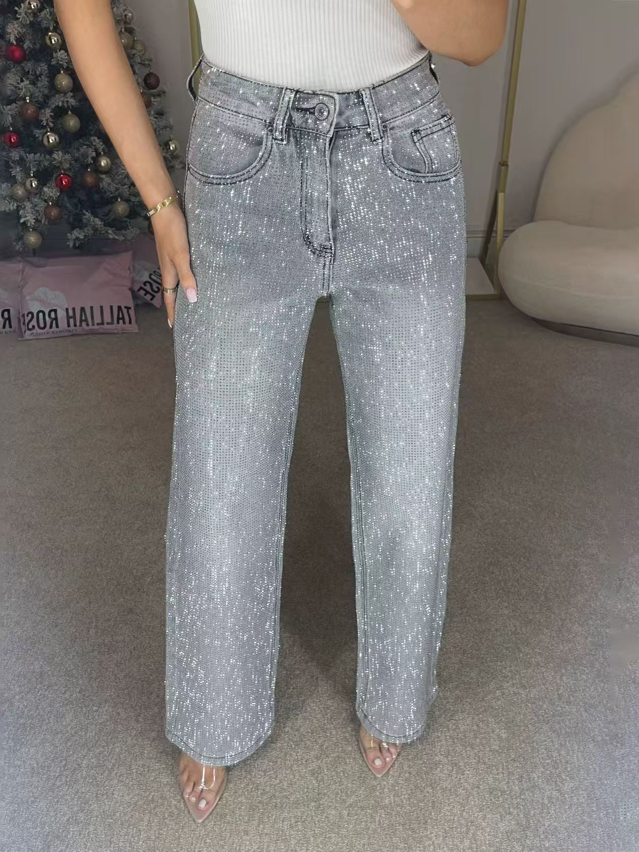 (Gratis frakt)✨Jeans med rette ben og strass