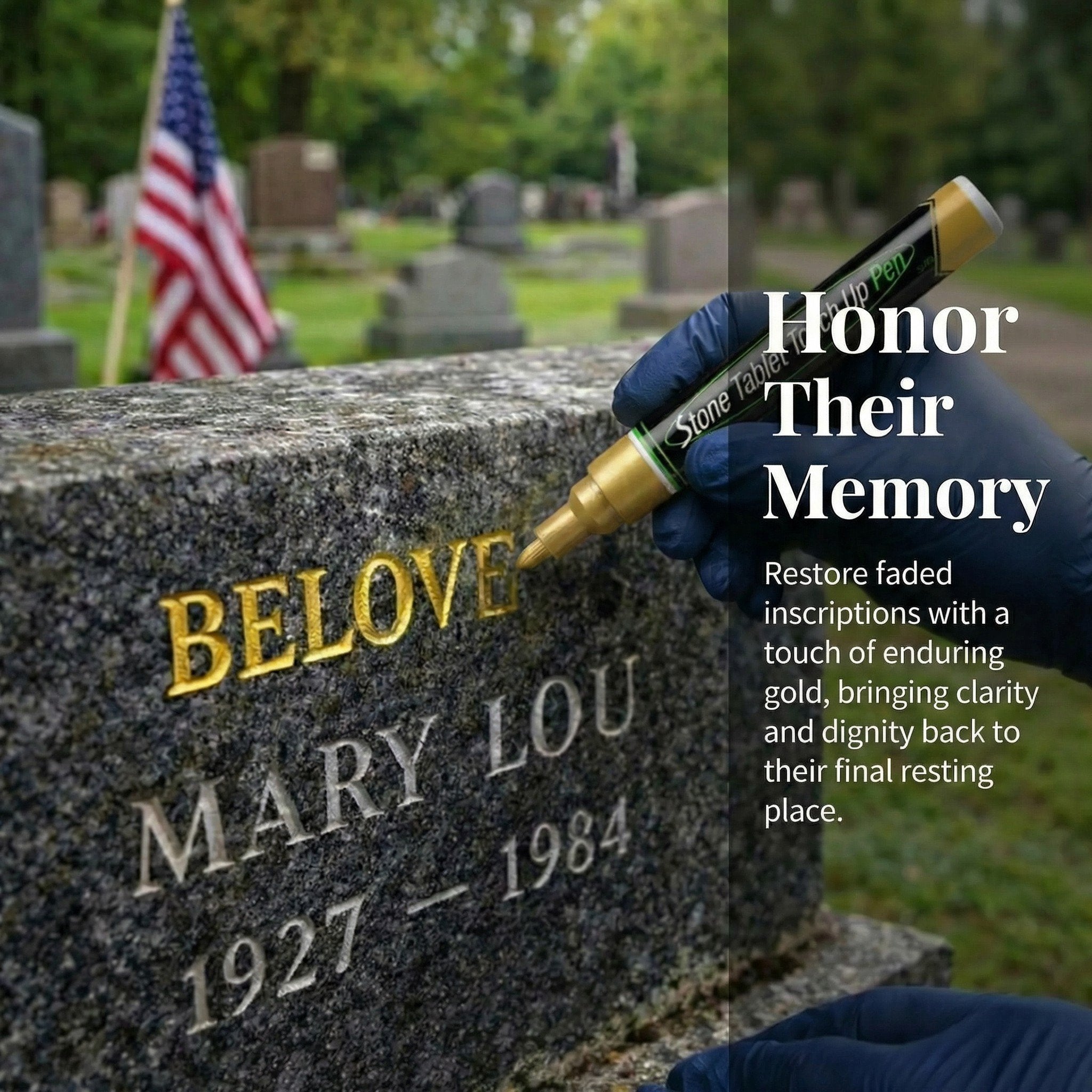 Gullfarget gravsteinspenne til restaurering av falmede gravinskripsjoner