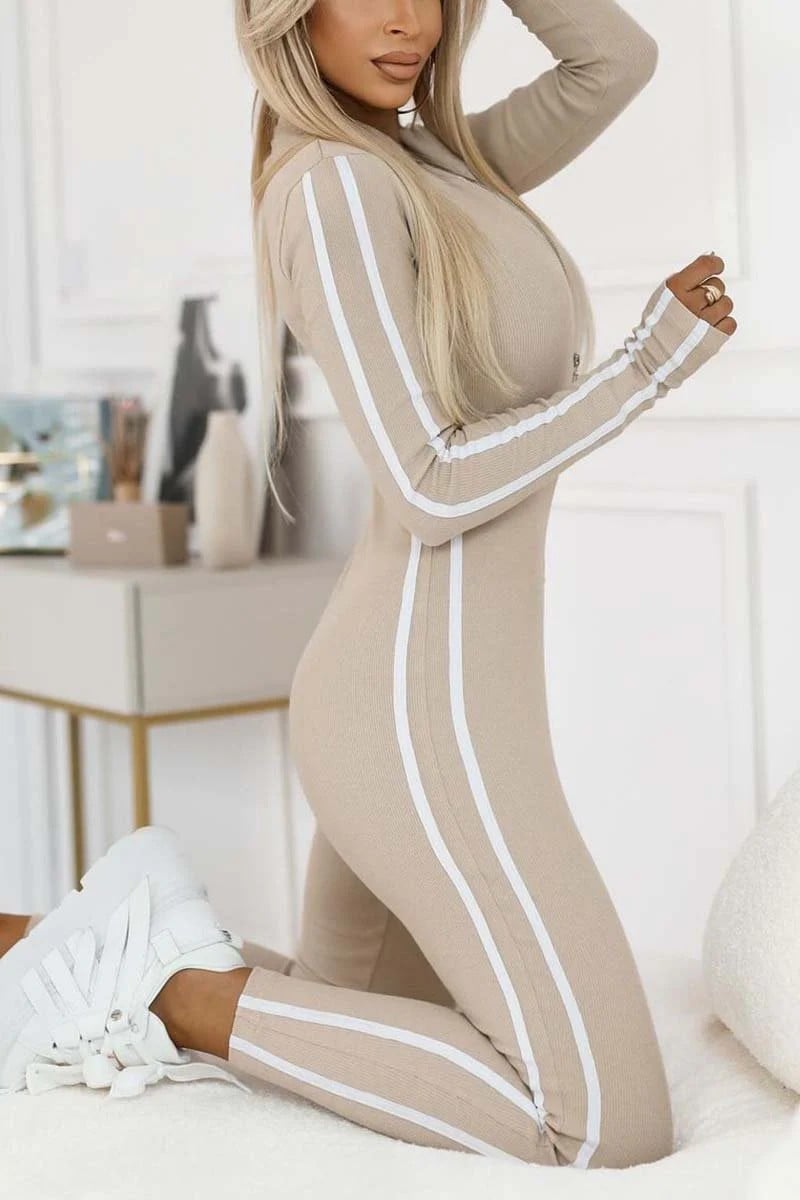 {Gratis Frakt}Slim Fit Side Web Jumpsuit Med Halv Glidelås For Kvinner