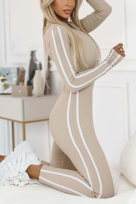 {Gratis Frakt}Slim Fit Side Web Jumpsuit Med Halv Glidelås For Kvinner