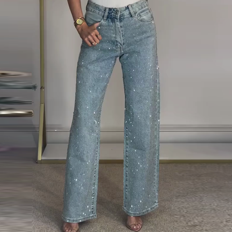 (Gratis frakt)✨Jeans med rette ben og strass